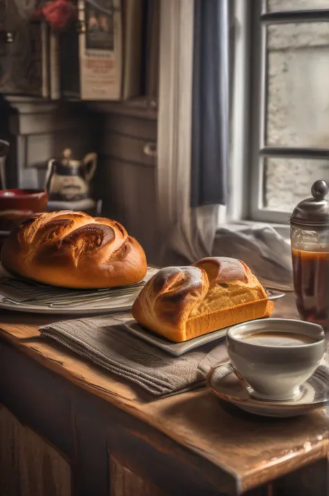 delicious breads, quentes, saborosos, sobre uma toalha de mesa cheia de dobras, with cup of coffee, suco, uma deliciosa geleia, ultra detalhado, Photo Realísitco, hdr, adobe lightroom