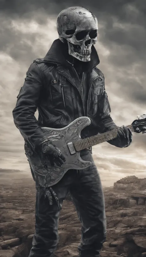 Skull playing geographic data guitar in the style of detailed hyper-realism photoshoot