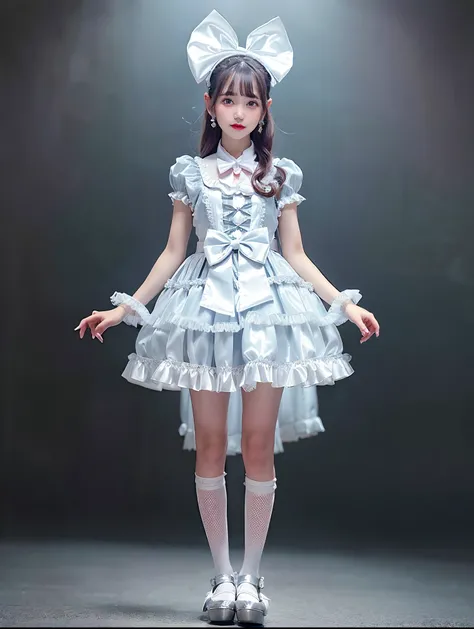 Alafe girl in silver satin dress and bow tie, rococo ruffles dress, angelic pretty, frilly outfit, rococo dress, high quality costume, Lolita style, style of magical girl, Lolita Fashion, fantasy outfit, Belle Delphine, fantasy dress, Silver accent costume...