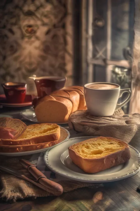 delicious breads, quentes, saborosos, sobre uma toalha de mesa cheia de dobras, with cup of coffee, suco, uma deliciosa geleia, ultra detalhado, Photo Realísitco, hdr, adobe lightroom