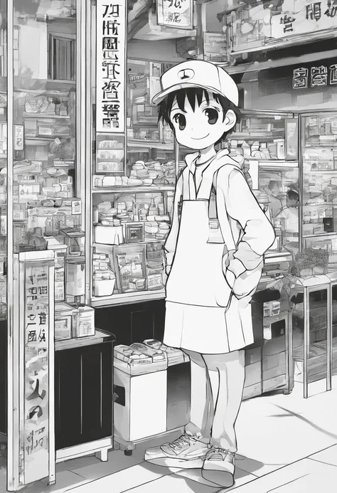 First page of a manga, Hooded boy talking to a coffee vendor, Bolhas de fala vazias, Anime style black and white manga, Boy with smile on face wearing cap, vendor in front of a diner delivering coffee, garoto e vendedor na rua vazia, bolhas de conversa, pr...