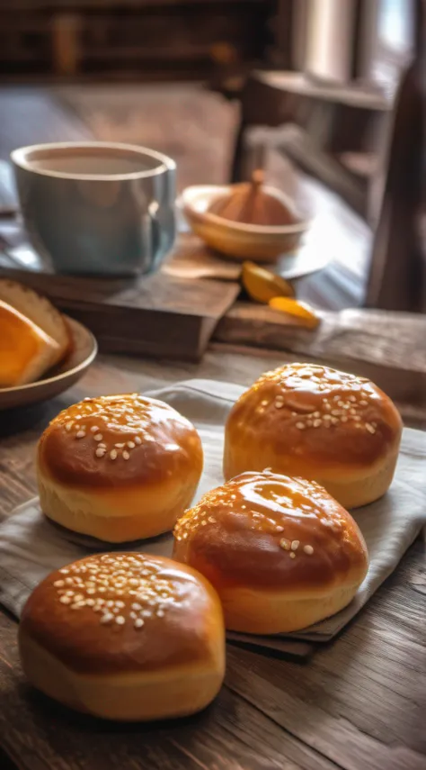 juicy warm buns on a gorgeous rustic wooden table with a delicious ultra detailed morning cadet, Photo Realísitco, foto promocional, hdr, adobe lightroom