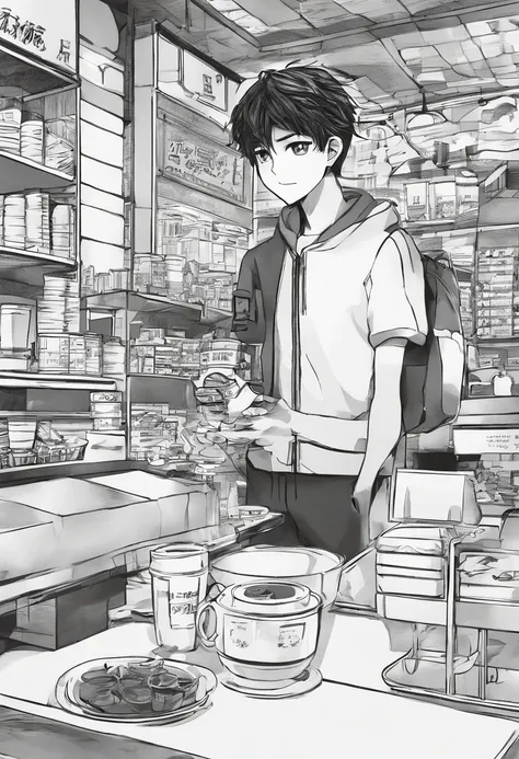 First page of a manga, Hooded boy talking to a coffee vendor, Bolhas de fala vazias, Anime style black and white manga, Boy with smile on face wearing cap, vendor in front of a diner delivering coffee, garoto e vendedor na rua vazia, bolhas de conversa, Pr...