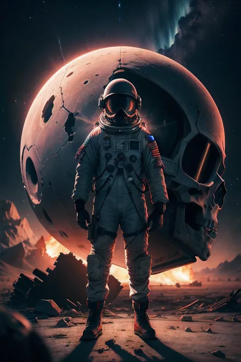 astronaut fire skull black, standing, in front of ateride impact, destroyed, explosion, bright light, abandoned, full 8k image, ultra realistic, very detailed, beautiful, perfect, background moon, northern lights background