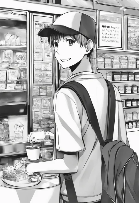 First page of a manga, Hooded boy talking to a coffee vendor, Bolhas de fala vazias, Anime style black and white manga, Boy with smile on face wearing cap, vendor in front of a diner delivering coffee, garoto e vendedor na rua vazia, bolhas de conversa, Pr...