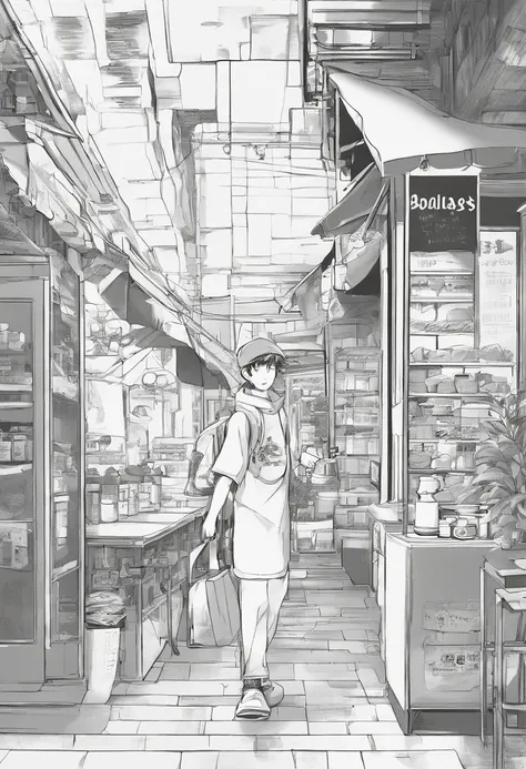 First page of a manga, Hooded boy talking to a coffee vendor, Bolhas de fala vazias, Anime style black and white manga, Boy with smile on face wearing cap, vendor in front of a diner delivering coffee, garoto e vendedor na rua vazia, bolhas de conversa, Pr...