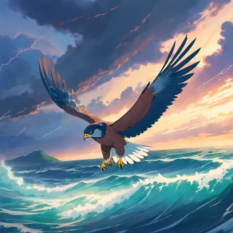 Falcon flying over the stormy sea