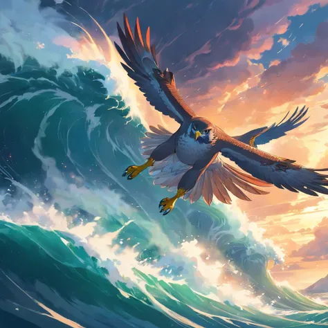 Falcon flying over the stormy sea, while fighting a battle with a dragon