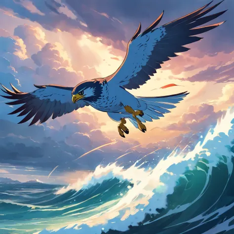 Falcon flying over the stormy sea, while fighting a battle with a dragon