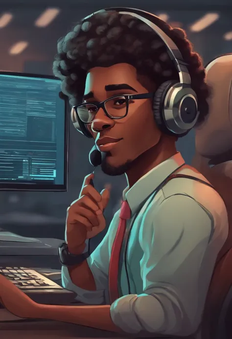 Um jovem negro de cabelos cacheados no com auriculares de trabalho quarto trabalhando como operador de call center atendendo um cliente (Cartoon)