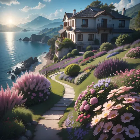 Villa by the sea, Paths between flowers, spray, Blue sky, Far Mountain. and the sun was shining brightly, the detail， 4K， k hd， high high quality.