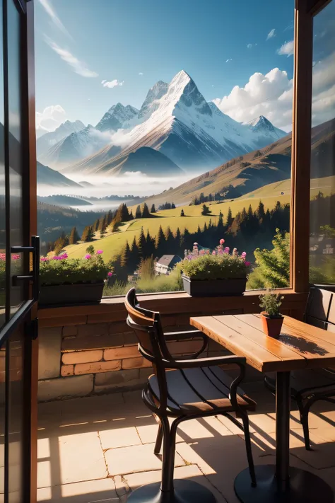 landscape, cafe, coffee, during daytime, beautful view, I can see the mountains, high quality, award winning, best quality, highres