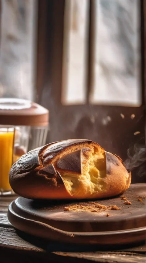 juicy broken bread, Coming out smoke on beautiful rustic wooden table with a delicious ultra detailed breakfast, Photo Realísitco, foto promocional, hdr, adobe lightroom