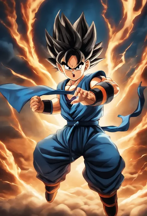 best quality,highres,(realistic:1.37),(portrait,anime),(vibrant colors:0.9),detailed,masterpiece:1.2,dragonball,Goten,spiky black hair,serious expression,confident stance,glowing aura,electric blue energy,white gi with blue belt,dragon logo,stylized clouds...