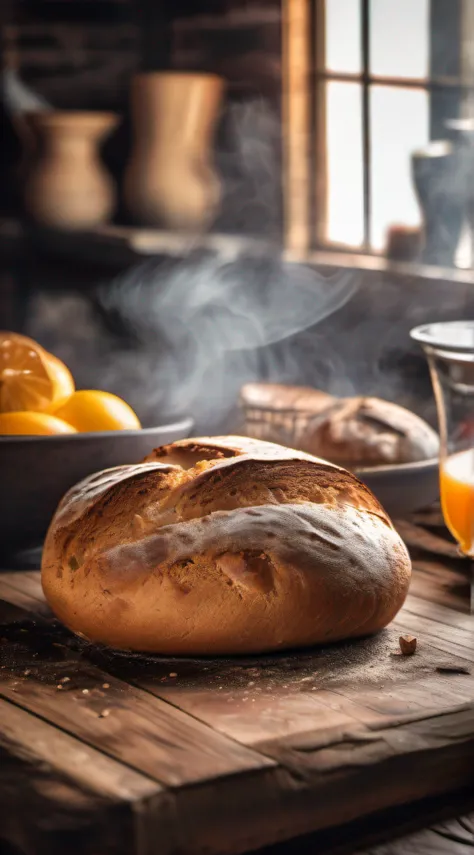 juicy broken bread, Coming out smoke on beautiful rustic wooden table with a delicious ultra detailed breakfast, Photo Realísitco, foto promocional, hdr, adobe lightroom