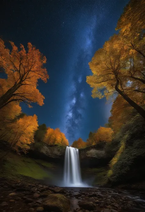 cielo estrellado con nubes azules una cascada y en un bosque