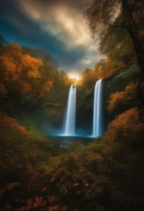 cielo estrellado con nubes azules una cascada y en un bosque