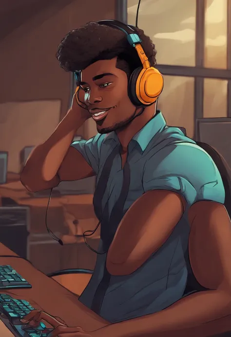 Um jovem negro de cabelos cacheados no com auriculares de trabalho quarto trabalhando como operador de call center atendendo um cliente (Cartoon)