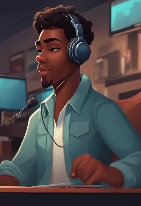 Um jovem negro de cabelos cacheados no com auriculares de trabalho quarto trabalhando como operador de call center atendendo um cliente (Cartoon)