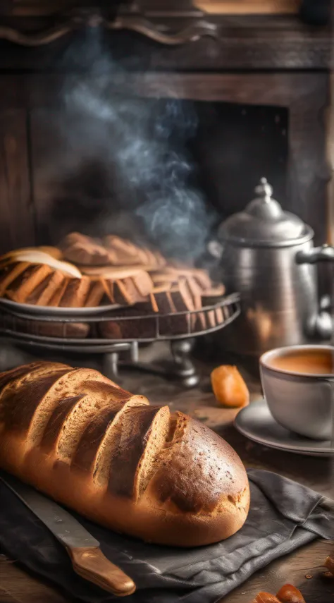 juicy broken bread, Coming out smoke on beautiful ultra detailed breakfast table, Photo Realísitco, foto promocional, hdr, adobe lightroom