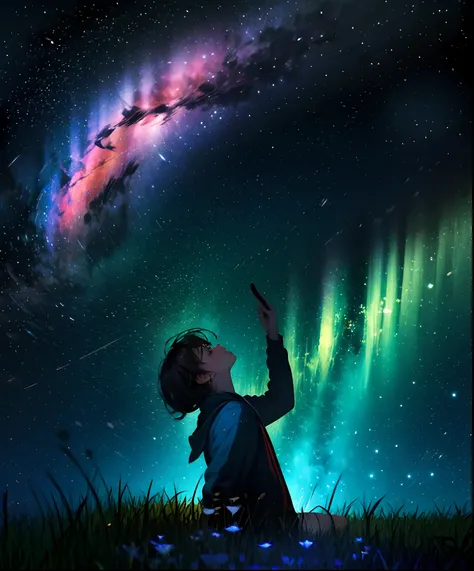 Describe a scene where a cute girl character is lying on a grassy hill, Looking up at the starry sky. Surround her with colorful nebulae and her favorite constellations.