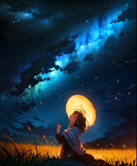 Describe a scene where a cute girl character is lying on a grassy hill, Looking up at the starry sky. Surround her with colorful nebulae and her favorite constellations.