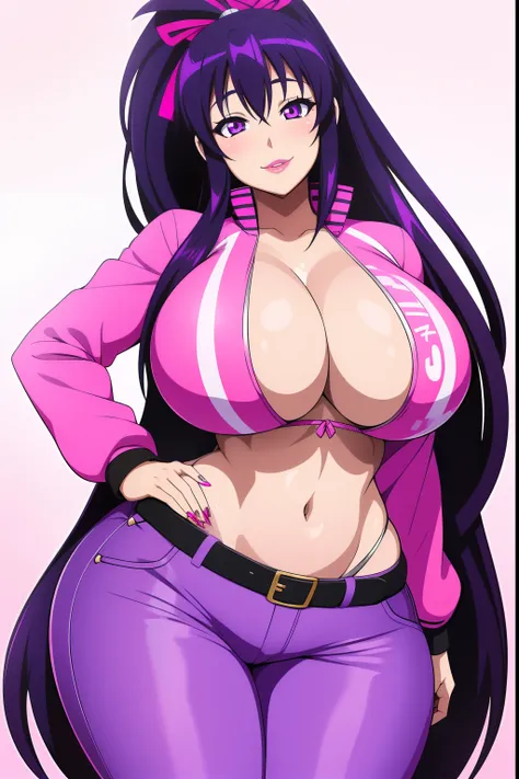 Akeno Himejima, 1girl, (((bimbo))), purple hair, purple eyes, ear rings, (((bimbo))), puffy lips, painted lips, thick lips, smile face, wide hips, thick thighs, huge round ass, huge natural Hitomi Tanaka breasts, pink jeans, bomber jacket,