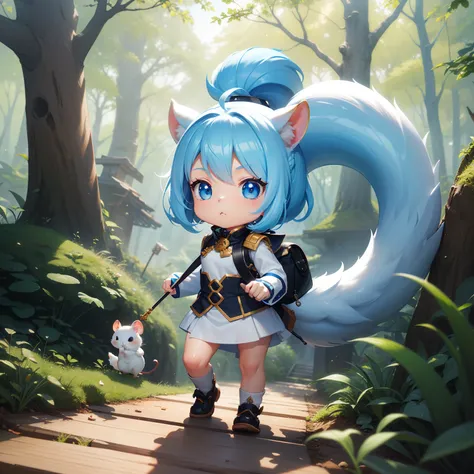 There is a small white squirrel with an acorn in his hand,  Chibichara　A cute girl with blue hair is also with me。It is a cute white and blue costume。Dark eyes。cute forest creature, Adorable Digital Painting, cute detailed digital art, the squirrel king, C...