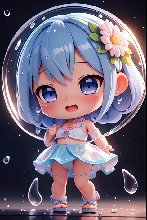 photoRealstic、Doll standing in front of the painting（nendroid）、Water droplets on the cheeks、Happy singing face、Sengai、pixiv、rokoko、dollfie dream、watercolor Nendoroid、(High Definition Figure)、Flowing iridescent silk、up of face、Eye Up、Bikini swimwear（with fl...