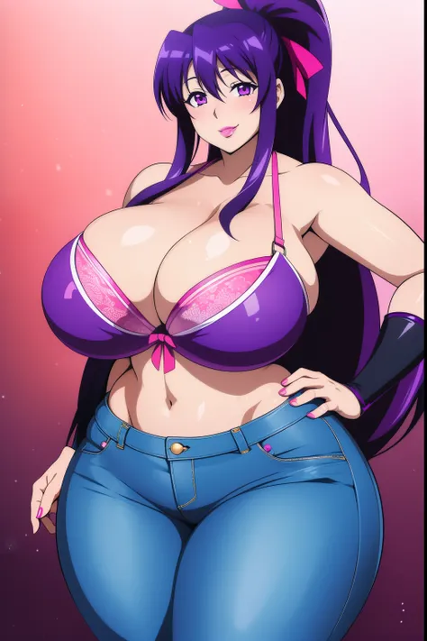 Akeno Himejima, 1girl, (((bimbo))), purple hair, purple eyes, ear rings, (((bimbo))), puffy lips, painted lips, thick lips, smile face, wide hips, thick thighs, huge round ass, huge natural Hitomi Tanaka breasts, blue jeans, pink bra