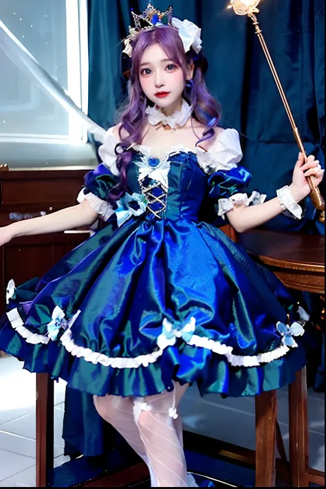 alafe in blue satin dress and crown with cane, fantasy dress, magical dress, dreamy style, very magical and dreamy, lolita fashi...