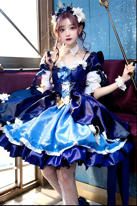 Alafe in blue satin dress and crown with cane, fantasy dress, magical dress, dreamy style, very magical and dreamy, Lolita Fashion, ethereal fairy tale, fairycore, fantasy outfit, wearing fantasy formal clothing, angelic pretty, dreamy and detailed, Lolita...