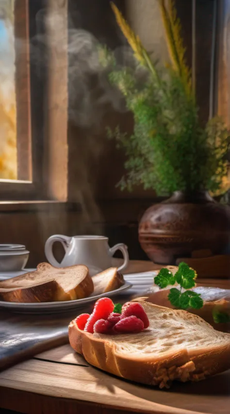 juicy broken bread, Coming out smoke on beautiful ultra detailed breakfast table, Photo Realísitco, foto promocional, hdr, adobe lightroom