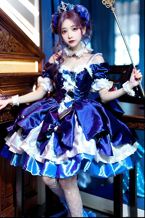 alafe in blue satin dress and crown with cane, fantasy dress, magical dress, dreamy style, very magical and dreamy, lolita fashi...