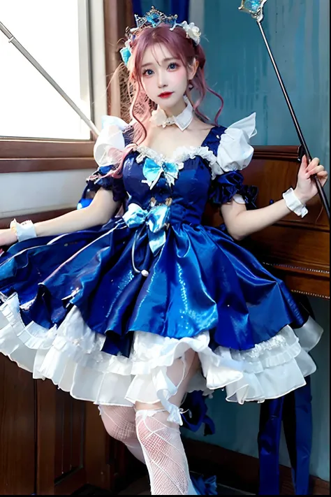 Alafe in blue satin dress and crown with cane, fantasy dress, magical dress, dreamy style, very magical and dreamy, Lolita Fashion, ethereal fairy tale, fairycore, fantasy outfit, wearing fantasy formal clothing, angelic pretty, dreamy and detailed, Lolita...