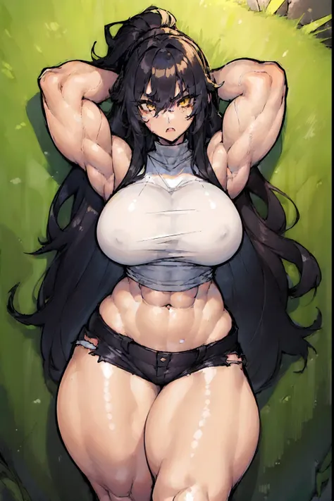 ((((((1 girl)))))), solo, black, hair, extremely long hair, yellow eyes, angry, ((((large breasts)))), ((((thick thighs)))), (curvy), (wide hips), (((((muscular))))), toned body, (tight shirt), (tight pants), navel, abs, (concrete)