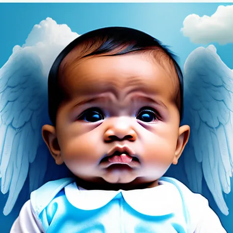 Baby in the clouds with a sad face and angel wings and crying, died of medical negligence, do not put two heads