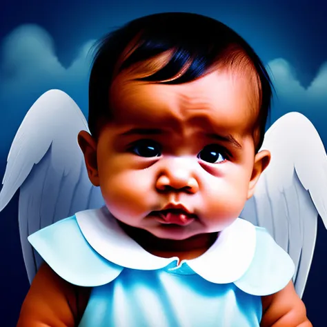 Baby in the clouds with a sad face and angel wings and crying, died of medical negligence, do not put two heads