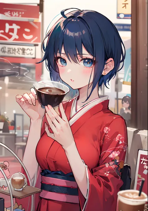 dual hair color, high quality,  cinematic lighting, anime girl, short hair, bangs, parted lips, blush, outdoor, park, coffee, medium breast, kimono outfit,