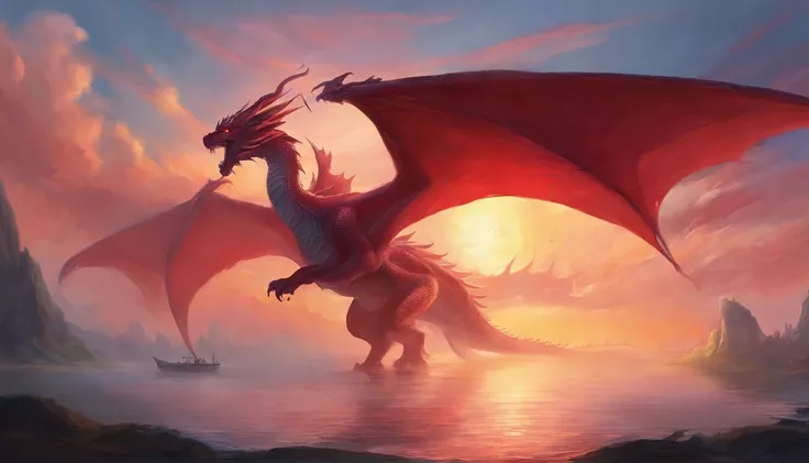 Red dragon painting in the sky, voando sobre um mar revolto, epic fantasy art, epic fantasy game art, d & D Arte Digital Fantasia, Epic Fantasy Digital Art Style, Dungeons and Dragons Arte de fantasia, d & d fantasy art, epic fantasy painting, d & d fantas...