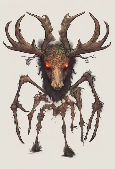 Skeleton Moose fused with a spider, dark souls art style, concept art, boss monster, cool, spider moose, moose head, skeleton moose, full body