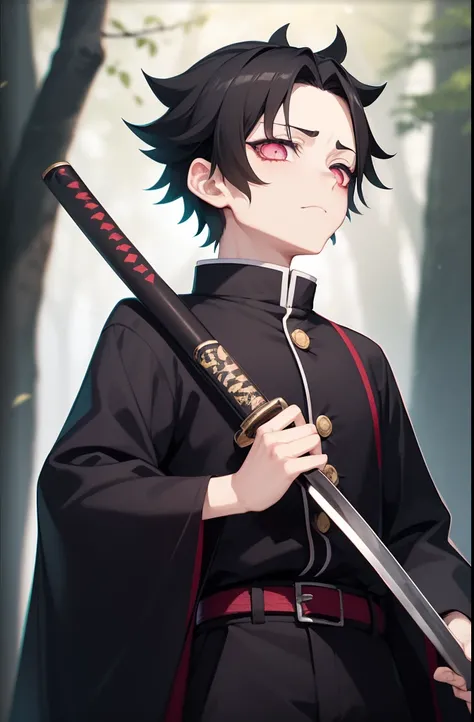 man with defined body, black hair, short hair, eyes as dark as night, kimetsu no yaiba art style, gothic style, calm gaze, katana in hand, breathing of flames, average height, location in the forest at night, clothing style kimetsu no yaiba