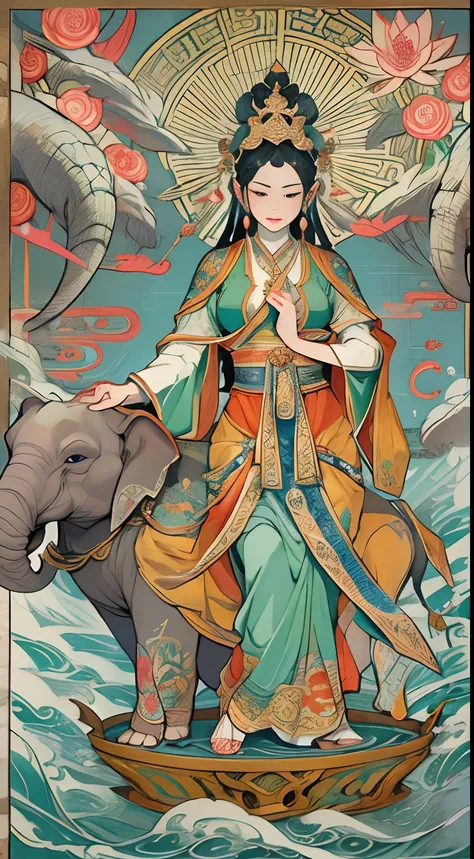 an ancient Chinese goddess, guanyin of the southern seas, Guanyin, Inspired by India, Avalokiteshvara rides an elephant，,Serene expression,shui mo hua,Buddha,Buddhist,Lotus,Chinese painting style,Thangka style