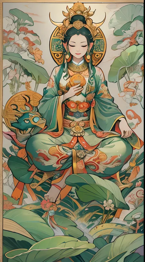 an ancient Chinese goddess, guanyin of the southern seas, Guanyin, Inspired by India, Avalokiteshvara rides an elephant，,Serene expression,shui mo hua,Buddha,Buddhist,Lotus,Chinese painting style,Thangka style