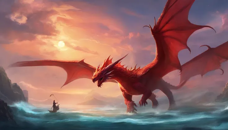 Red dragon painting in the sky, voando sobre um mar revolto, Preparing to attack your Hawk oponete. epic fantasy art, epic fantasy game art, d & D Arte Digital Fantasia, Epic Fantasy Digital Art Style, Dungeons and Dragons Arte de fantasia, d & d fantasy a...