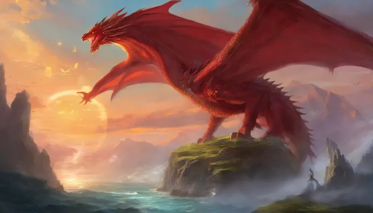 Red dragon painting in the sky, voando sobre um mar revolto, Preparing to attack your Hawk oponete. epic fantasy art, epic fantasy game art, d & D Arte Digital Fantasia, Epic Fantasy Digital Art Style, Dungeons and Dragons Arte de fantasia, d & d fantasy a...