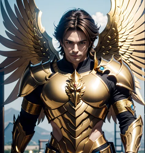 Ultra realistic man with brown hair wearing golden Sagittarius armor with golden long wings, inspiration from the Japanese anime Saint Seiya, armadura ultra detalhada e realista