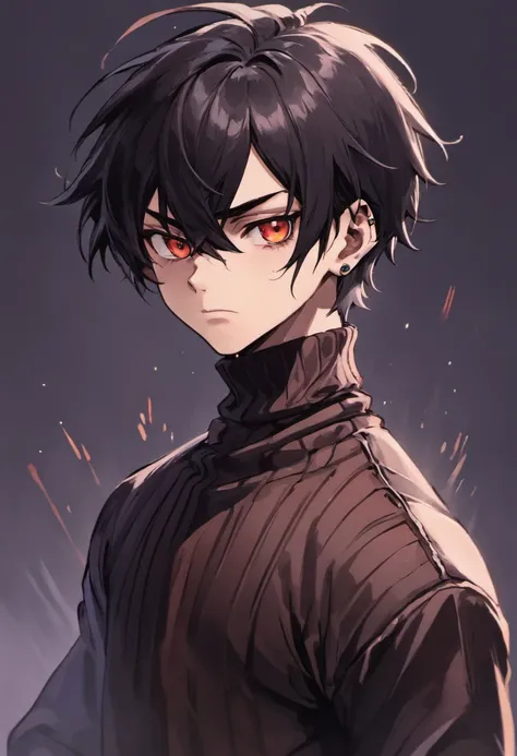 an 18-year-old boy, with medium long black hair, with a sad expression, wearing a turtleneck blouse, several piercings and earrings in his ea