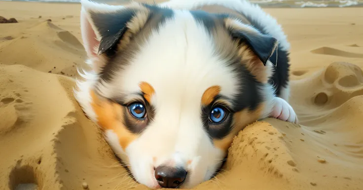 image of a Australian Border Collie puppy, wet loose sandy beach, background, 8k resolution, highly detailed facial features, up-light, sharp eyes, better eyes, round pupil, identical round iris, mottled blue rust brown white grey black fur