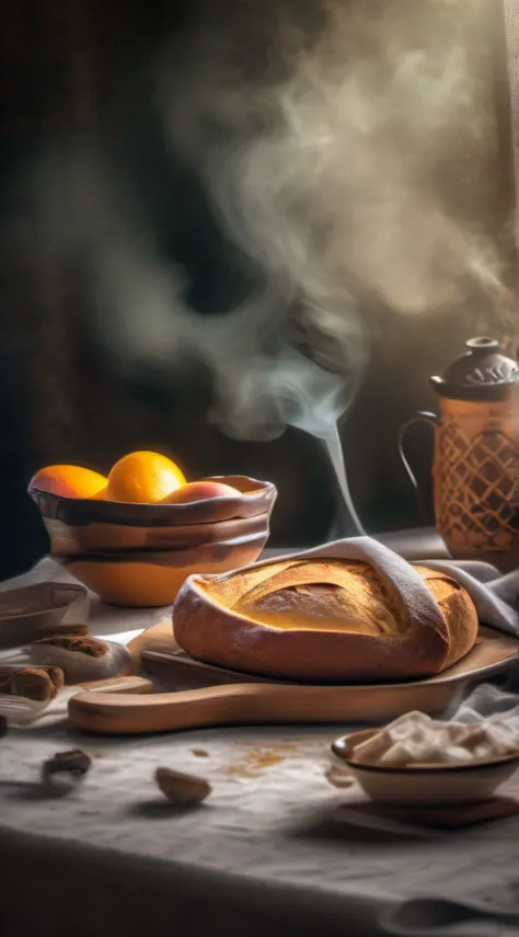 juicy broken bread, Coming out smoke on beautiful ultra detailed breakfast table, Photo Realísitco, foto promocional, hdr, adobe lightroom